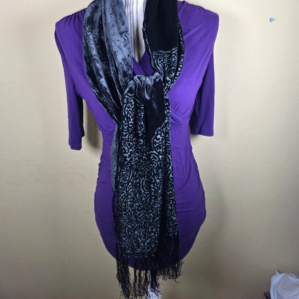 Talbots Black Silk Blend Burnout Velvet gothic whimsigoth Fringe Scarf Wrapey